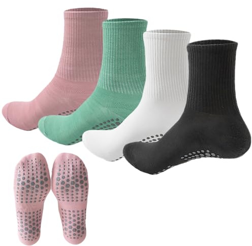 KEYRI 4 par yogastrumpor för kvinnor halkfria strumpor, träningsstrumpor i en storlek, atletiska strumpor för yoga, pilates, balett, sport, rosa+cyan+vit+svart, 40 EU