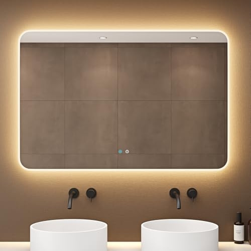 dopporo LED Badspiegel 120x80cm Dimmbar runden Ecken Wandspiegel Memory | Badzimmerspiegel mit Beleuchtung Spiegel mit Touch Schalter Antibeschlag Funktion Energiesparende Licht, LED-Spiegel-03