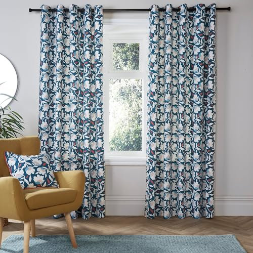 Fusion Teal Blue Floral Curtains - W46 x L72 (117 x 183cm) - 2x Panels - 100% Cotton - Matching Cushion Available - Vintage Drapes in Teal - Flower Eyelet Soundproof Curtains for Bedroom