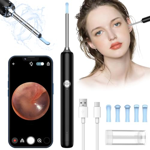 OUTACT Otoscopio 1080P HD Limpiador Oidos Endoscopio con 6 Cucharas para Oído 3,5 mm 6 LED con Cámara de Oído para iPhone, iPad y Android(Negro)