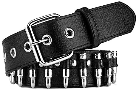 Caziffer Donne Uomini Cinture con Rivetti Punk Rock Proiettili Rivetto Studded PU Pelle Cintura Doppio Foro Hip Hop Western Gotici Cintura per Jeans (A Nero, One size)