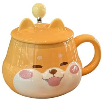 linghhiming Kreative Shiba Inu Tasse mit Deckel und Löffel, niedliche Keramiktasse, großes Fassungsvermögen, hochwertige Milchkaffeetasse, Haushalt, geeignet für Männer und Frauen (Zunge heraus)