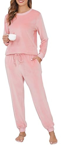 Sopesil Set Pigiama Donna Manica Lunga in Pile Set Pigiama Donna per l'inverno con Tasche,L,Rosa