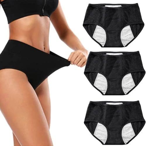 WDCAYQHZ Damen-Inkontinenzunterwäsche,Auslaufsichere Baumwollhöschen für Mädchen,Bequeme wasserdichte Slips,3 Stück(Black,L)
