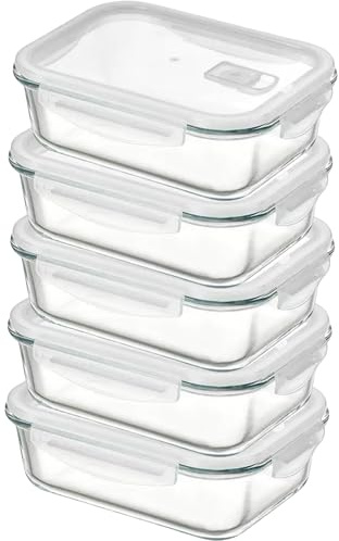 simpa 5PC Airtight Leakproof 1040ml Glass Food Containers with Smart Lock Lids for Meal Prep & Food Storage.