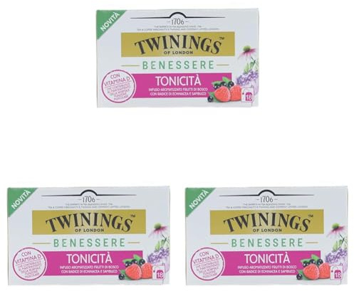 Twinings, Benessere Tonicità, Infuso Aromatizzato ai Frutti di Bosco con Radice di Echinacea e Sambuco, con Vitamina D, Senza Caffeina, Confezione da 54 Filtri