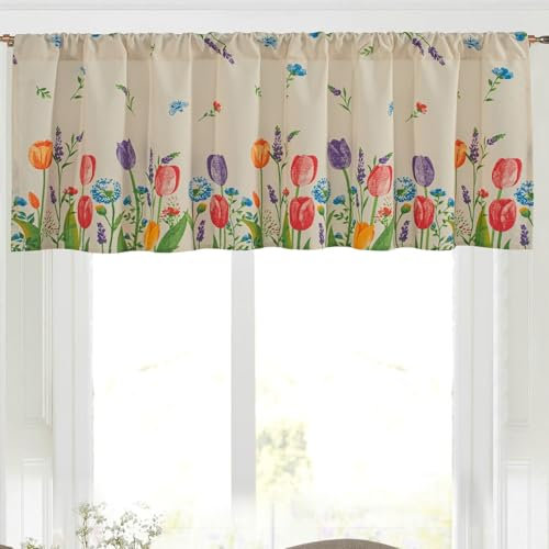 Aotiwe Gardinen Kurz Landhausstil, Curtains Blackout Gedrucktes Tulpenmuster Bunt Küchengardinen Winter Baumwolle Leinen 150x45cm 1er Pack