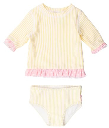 RuffleButts Baby/Toddler Girls UPF50+ Sun Protection Seersucker Short Sleeve Ruffle Rash Guard Bikini - Banana, 2T