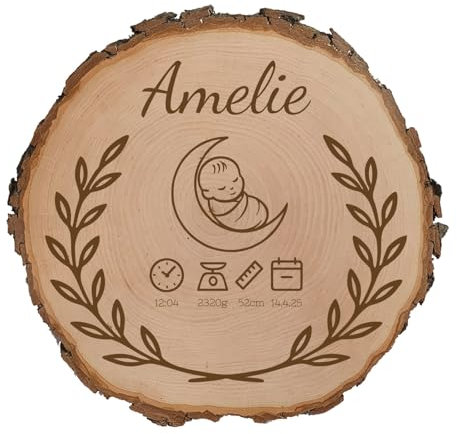 SNEG Baumscheibe mit Motiv zur Geburt inkl. personalisierter Geburtsdaten des Babys (24-27 cm Durchmesser)