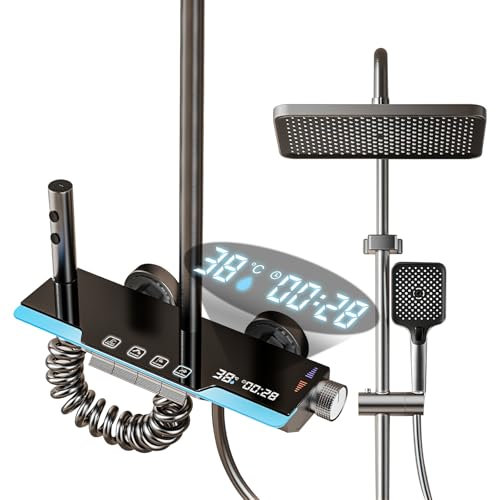 Sistema de ducha con termostato, columna de ducha, cabezal de ducha cuadrado, 4 tipos de chorros, altura ajustable, con pantalla digital LED, montaje en pared, ducha de efecto lluvia con grifo (B)
