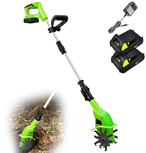 Motobineuse électrique, motoculteur sans fil, largeur de travail de 10 cm, rechargeable, avec 2 batteries de 2 000 mAh et chargeur, motobineuse silencieuse pour le travail de la pelouse et des sols.
