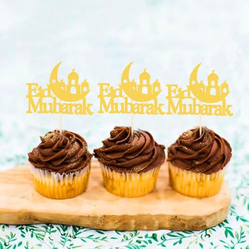 12 Pcs Eid Mubarak Cupcake Toppers, Eid Mubarak Cake Topper,Muslim Mubarak Glitter Cake Decorations- Ramadan Kareem Party Eid Decorations for Home Star Moon Birthday Cupcake Toppers