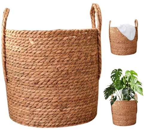Hperu Rattan-Pflanzgefäß, 34, 9 x 30 cm, gewebter Seegras-Pflanzkorb, rund, Rattan mit Griff, Weiden-Pflanzkorb zur Aufbewahrung von Pflanzen, Wäsche, rund