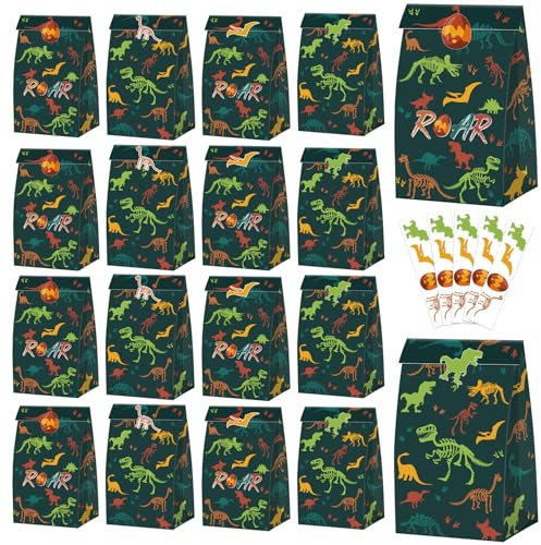 20 st dinosaurie-presentpåsar – Dino-festpåsar med klistermärken, presentpåsar med dinosauriefossilmotiv, dino-godispåsar för barn, babyfester och födelsedagsfiranden