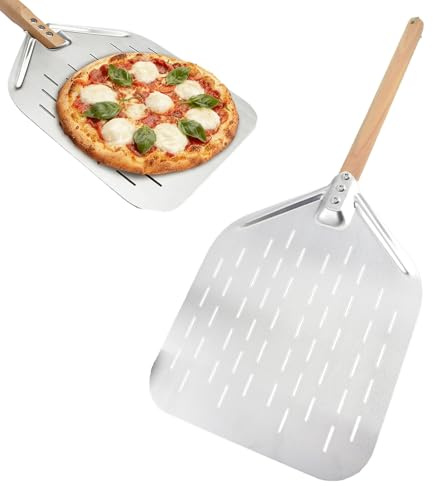 Pala per pizza perforata, 40 x 30 cm, pala per pizza da 12 pollici, pala per pizza in acciaio inox, pala per pizza con grande superficie, manico in legno rimovibile, per pizza fatta in casa