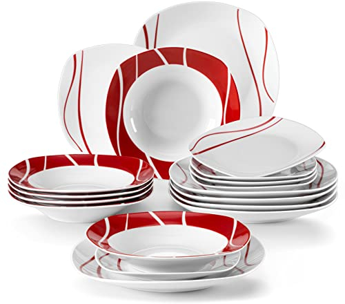 MALACASA Dinner Sets, 18-Piece Red Stripes Porcelain Plates and Bowls Set Dinnerware Set with 6-Piece Dinner Plate/Soup Plate/Dessert Plate, Service for 6, Series Felisa, Ivory White