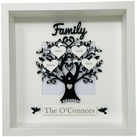 Personalised Family Tree 3D Box Picture Frame Gem Birds - Up To 14 Names - 8 Colours To Choose (Black & Silver Glitter)