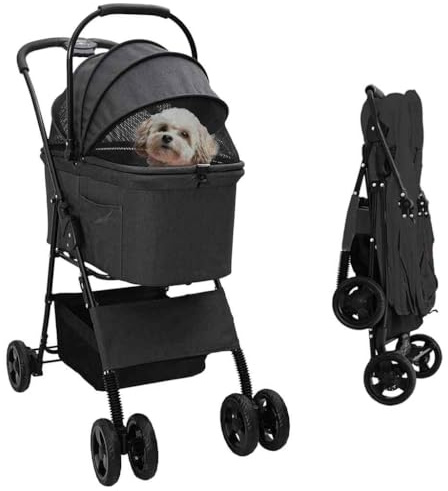 Runheo Chariot pliable noir en polyester 81 x 47 x 99 cm avec roues pivotantes et frein à pied, chariot de transport pliable pour chiens, chats, chiots et animaux âgés lors de la promenade