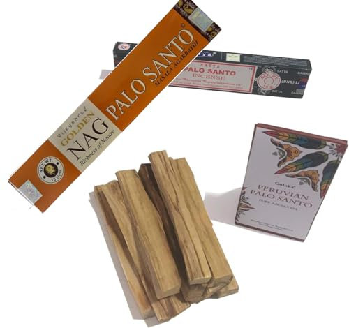 Kit Aromático Esencial de Palo Santo | 10 Palitos de Palo Santo 15 Varillas de Incienso Golden Nag + 15 Varillas de Incienso SATYA + Aceite Esencial Goloka 10 ml. con Dosificador