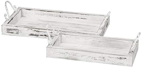 dekoratives Tablett als 2-er Set rechteckig im Vintage Landhaus-Stil Holz mit Metallgriffen Shabby weiß