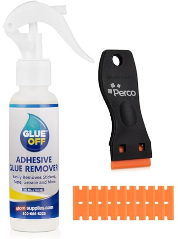 Perco Glue Off Adhesive Sticker Remover 3.3 fl. oz & Scraper with Plastic Razor for Removing Labels (Adhesive Sticker Remover & Scraper w/Plastic Razor)