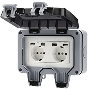 Außensteckdose Steckdose mit USB,Wandsteckdose Outdoor Steckdose Aufputz, Wasserdicht IP66 Staubdicht Schutzkontakt Wetterfest Außensteckdose mit Klappdeckel