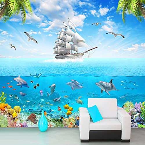 Papel tapiz fotográfico personalizado Dolphin 3D Underwater World Imagen de dibujos animados Sala de estar Decoración de dormitorio infantil Mural de pared, 200 cm X 140 cm (78,7 por 55,1 pulgadas