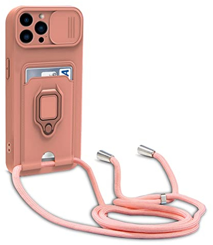 yanasuo Schiebe Kameraschutz Silikon Handykette Hülle kompatibel mit iPhone 13 Pro, Metall Ring Halter Handy Cover,Verstellbarer Halskette Handyhülle-Pink