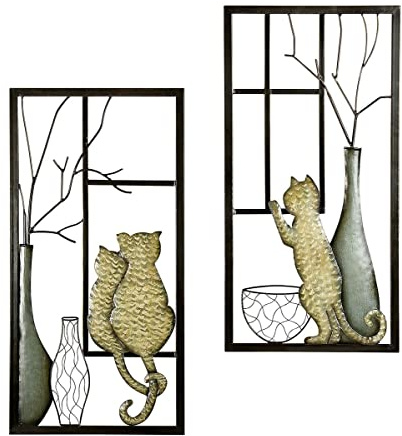 Generisch 3D Megafuchs Wandbilder SET Katze Vase Deko Metallbild 2-teiliges Set 80 cm braun grau Handarbeit