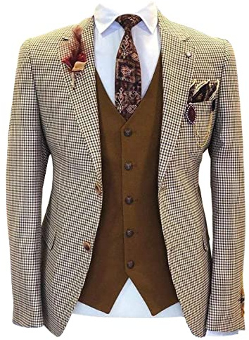 Qrkoda Hombre Blazer de Pata de Gallo Chaqueta de Traje de Dos Botones Abrigo de Boda Formal