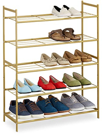 Relaxdays Schuhregal, Metall, mit 5 Ebenen, stapelbar, erweiterbar, HBT 90 x 70 x 26 cm, für bis zu 15 Paar Schuhe, gold