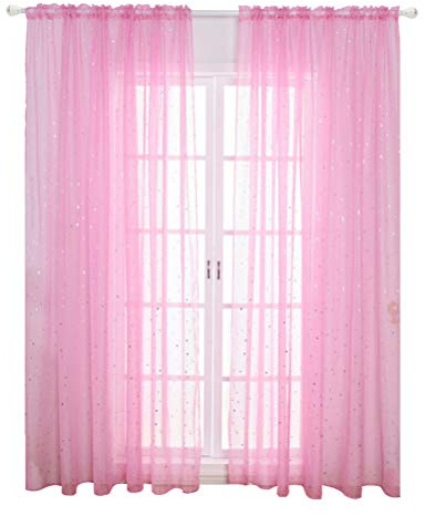 Veemoon Cortinas Traslúcidas Rosa Estrellas Brillantes para Dormitorio Infantil Paneles Ventanas Elegante Romántico para Decoración De Habitaciones De Niño Niña
