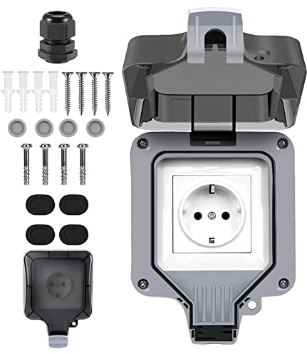 1-Fach Außensteckdose Steckdose, IP66 Wetterfest Outdoor Wandsteckdose 16A Gartensteckdose Aufputz Schutzkontakt mit Klappdeckel für Feuchtraum Garten den Aussenbereich Küche Garage