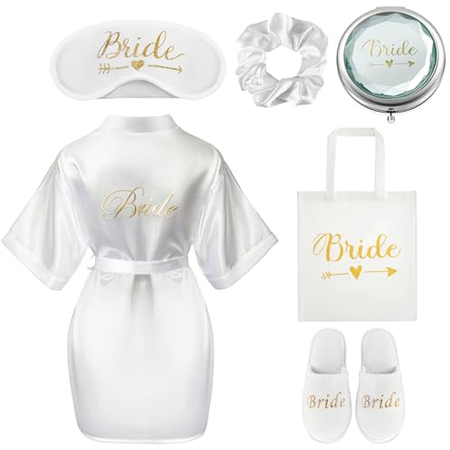 BBTO 6 Pcs Bride Gifts Bride Dressing Gown Set White Robe Canvas Bag Slippers Sleep Eye Mask Soft Hair Scrunchie Mirror and Gift Box for Wedding Proposal Bridal Shower(Noble Style,Gold)