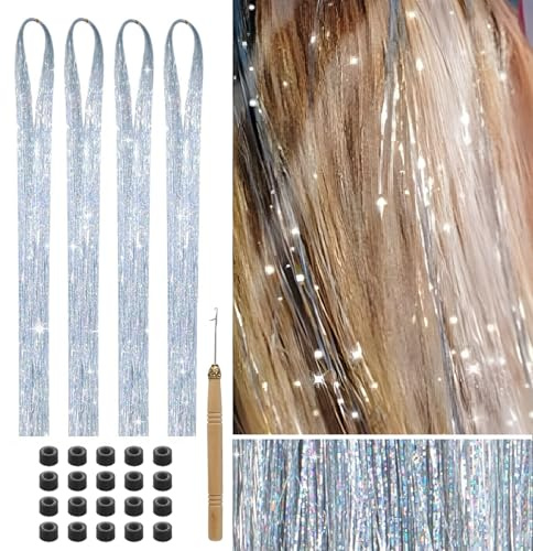 Hongma 4 Stück glitzernde Haar-Lametta-Verlängerungen, 800 Stränge, farbiges Haar-Lametta-Set, silberne geflochtene Haar-Lametta-Perücke, für Frauen und Mädchen, Haardekoration