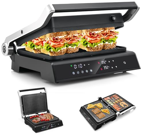 RELAX4LIFE Grill Électrique 2000W Sans BPA avec Rainure Double Faces, Panneau Contrôle Digital, Plaques Amovibles 29x21cm, Ouverture à 180º,Barbecue Électrique avec 5 Niveau Réglable (2000, Watts)