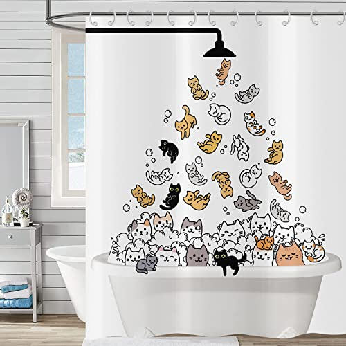 Hnmdmyi Duschvorhang Lustige Katze 180x220, Kinder Cartoon Tier Kätzchen Bunt Liebenswert Urkomisch Haustiere Badewanne Vorhang Wasserdicht Polyester Stoff Waschbar Badevorhang mit Haken