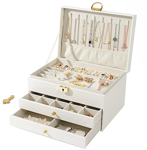 WAREHOUSE Schmuckkästchen Schmuckaufbewahrung, 3-Lagige Abnehmbare Schmuckkästchen, zur Aufbewahrung von Schmuck, Ringen, Ohrringen, Armbändern und Halsketten(Weiß)