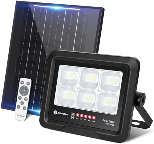 Aigostar Solarstrahler Außen Mit Fernbedienung 100W LED Strahler Außen Solar, Kaltweiß 6500K,IP65 Wasserdicht Solar Außenstrahler Einstellbare Helligkeit und Timing für Garten, Hof, Garage
