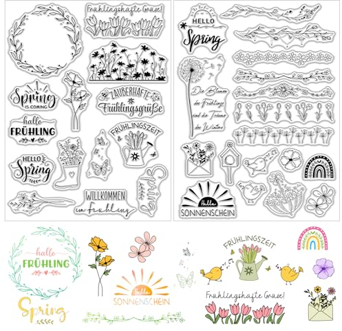 BETESSIN Silikon Stempel Blumen Blätter 2Blatt Transparente Frühling Sprüche Clear Deutsch Stempelset Stempelmotive zum Kartenbasteln DIY Geschenk Scrapbooking