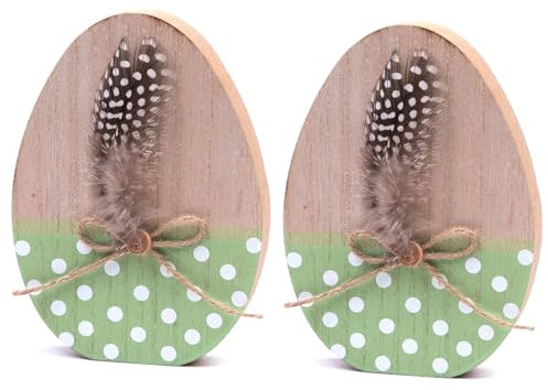 MACOSA HN57718_x2 Deko-Eier 2er Set Holz 16 cm Osterei Braun Grün gepunktet Dekofeder Osterdeko Holzei Holzosterei Oster-Dekoration Tischdeko Deko-Figur Ostern Osterdekoration