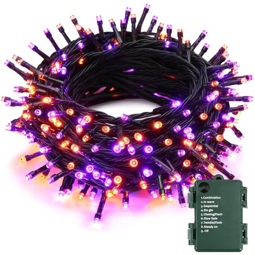 BrizLabs Halloween Lichterkette Außen, 20M 200 LED Orange Lila Innen Herbst Lichterketten Batterie Wasserdicht 8 Modi mit Timer Weihnachtsbeleuchtung für Balkon Terrasse Bäume Garten Hause Party Deko