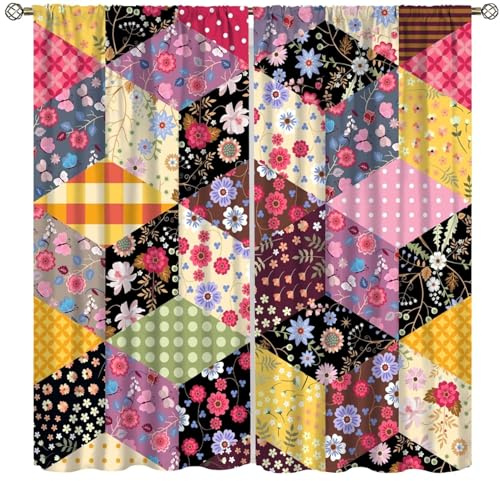 ICMOLYYENLO Bohemian Patchwork Curtains Retro Wildflower Colorful Floral Fabric Print Retro Style Room Decor Curtains Suitable for Living Room Kitchen 42x45 Inch 2 Panels