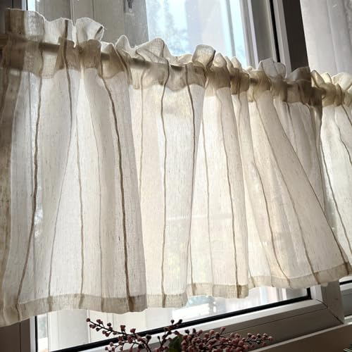 A.Monamour Rideau de Cuisine Court pour Petit Fenêtre Semi-Transparent Voile Rayé Voilage Demi Rideau Brise-bise Rideaux à Disques Rideaux à étages Cantonnières Passe-Tringle Bistro Café