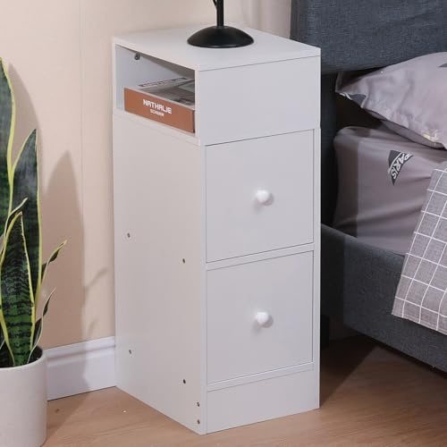 Sanery Schmaler Nachttisch mit 2 Schubladen und Ablage, Wohnzimmer Sofa Beistelltisch Kleiner Nachtschrank Telefontisch für Home Schlafzimmer, Weiß