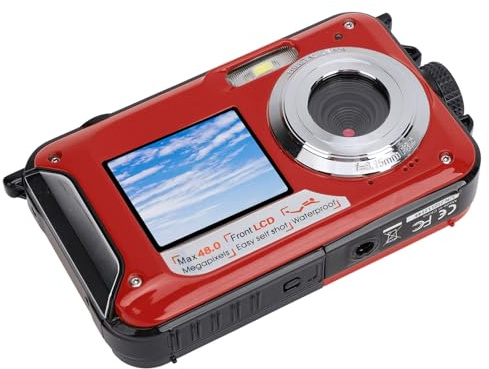Yctze Fotocamera Subacquea da 2,7K con Doppio Schermo 48MP Zoom 16X 11FT Acqua di Fronte Fotocamera Digitale Compatta per Immersioni con Snorkeling (rosso)