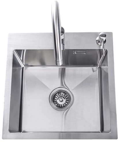 Lendo Online Fregadero Cocina con Grifo - Acero Inoxidable - Fregadero grande con sistema de drenaje de agua, salida de sifón - Con orificio para grifo - Plata (Plata, 44x44x20cm)