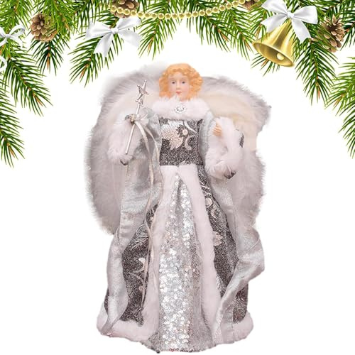 Generisch Weihnachtsengel Baumspitze - Engel auf dem Baum mit weißen Federflügeln, 7,08-Zoll-Engel-Weihnachtsdekorationen, Weihnachtsbaumschmuck für Hauspartys