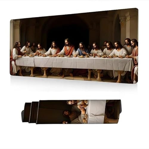 Tapis de Souris XXL 1400x600x3mm, Tapis Souris Beige Mousepad Imperméable, La Cène Mouse Pad avec Base Antidérapant, Desk Mat avec Bords Surpiqués, Deco Bureau, Gaming Accessoire, Cadeaux S1-418
