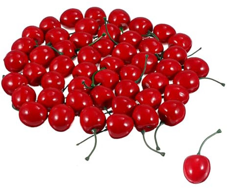 60Pcs Fake Cherries Artificial Fruit Cherries, Realistic Cherry Decorations Simulation Cherry Model for Cherry Party Decorations for Ornaments Home Kitchen Cabinet Photography Prop Cognitive Favors